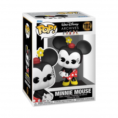 Funko POP! Minnie Mouse com roupa vermelha, sapatos amarelos, flor amarela no chapéu, na caixa transparente