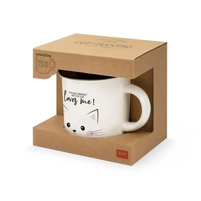 Caneca branca com desenho de gato e texto embalada em caixa de cartão castanho
