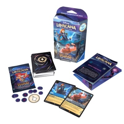 Jogo de cartas Disney Lorcana com cartas, ficha de pontuação e folhetos
