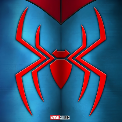 Logótipo vermelho de aranha sobre fundo azul com texto MARVEL STUDIOS