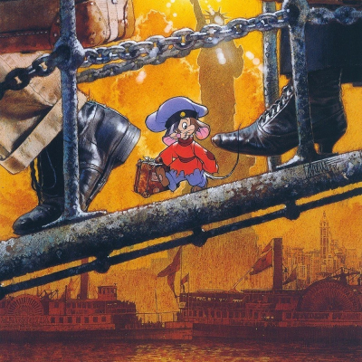 Cartaz do filme 'An American Tail' com rato vestido segurando mala e botas grandes junto a correntes