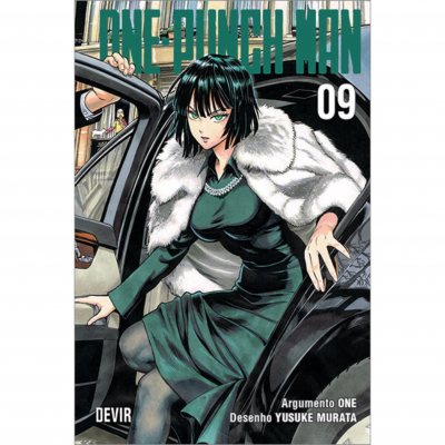 Capa do manga ONE PUNCH MAN volume 09, personagem feminina saindo de carro preto.
