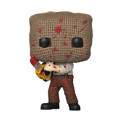 Figura Funko Pop com saco de estopa na cabeça e segurando motosserra com manchas vermelhas