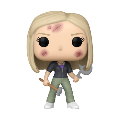 Figura Funko Pop de boneca com cabelo louro e roupa casual, segurando ferramentas sobre fundo branco.