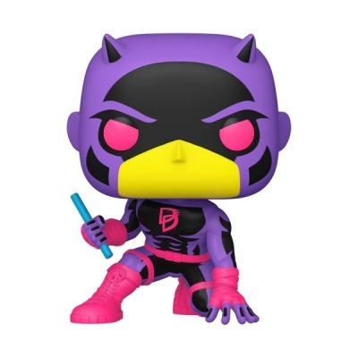 Figura Funko Pop super-herói roxo e preto com detalhes amarelo e rosa