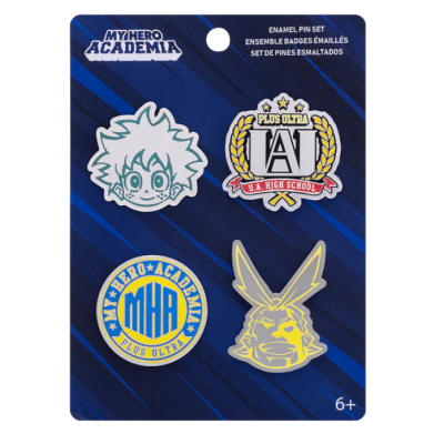 Conjunto de quatro pins esmaltados da My Hero Academia em fundo azul