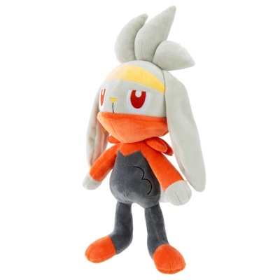 Pelúcia do Pokémon Scorbunny em cinza claro, laranja e amarelo