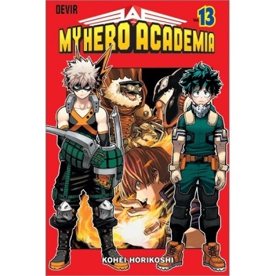 Capa do livro 'My Hero Academia' volume 13 com personagens em trajes de super-herói