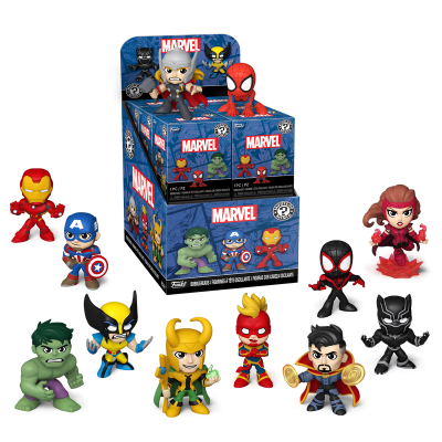 Figuras colecionáveis Marvel em PVC e caixa azul com logotipo Marvel