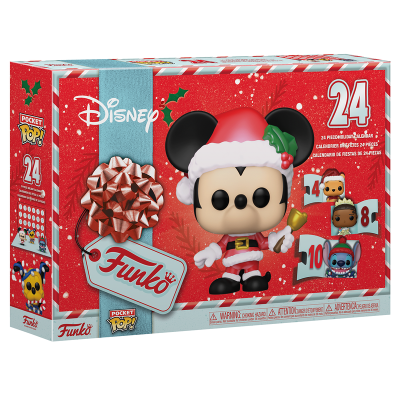 Caixa vermelha de calendário de advento Disney Pocket Pop! com figura de Mickey vestido de Pai Natal