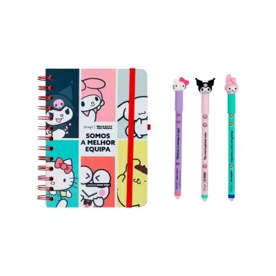 Agenda colorida Hello Kitty and Friends com três canetas decoradas