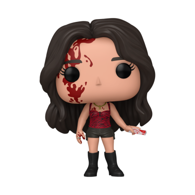 Figura Funko Pop com sangue e roupa vermelha e preta segurando bilhete