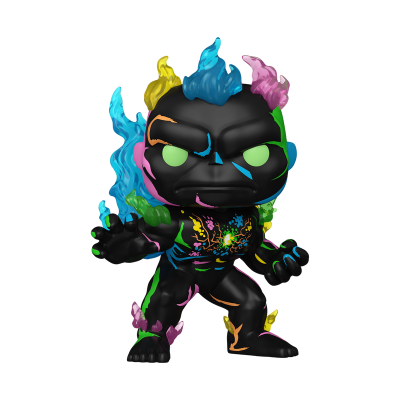 Figura Funko Pop preta com detalhes neon coloridos e efeitos de chamas azuis, amarelas, rosas e verdes.