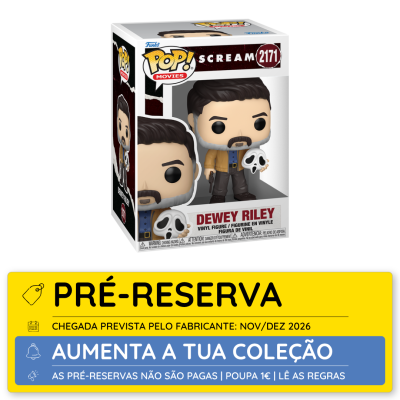 Funko Pop Dewey Riley de Scream em caixa branca com texto