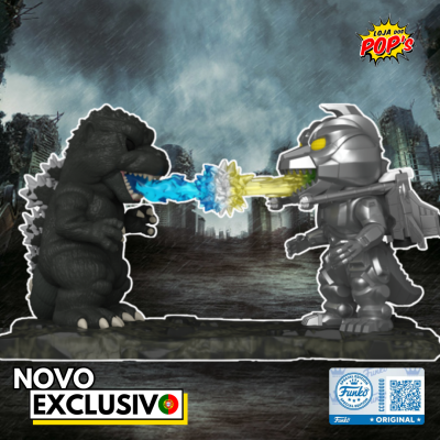Figuras Funko Pop Godzilla e Mechagodzilla disparando fogo em cenário urbano