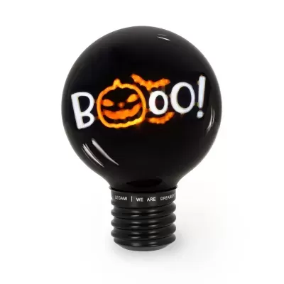 Lâmpada preta esférica com texto e desenho iluminados