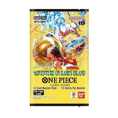 Pack de cartas One Piece Card Game Adventure on Kamis Island, amarelo com personagens e logos Bandai.