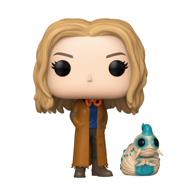 Funko Pop loira com casaco castanho e figura azul-bege com óculos