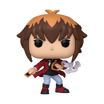 Figura Funko Pop de personagem com casaco vermelho e cabelo castanho com detalhe laranja