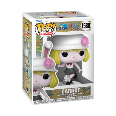 Figura Funko Pop! Carrot de One Piece com chapéu branco, flores rosas e roupa preta em caixa transparente