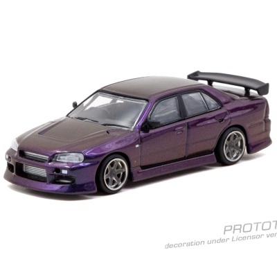 Miniatura de carro desportivo roxo metalizado com tejadilho preto e spoiler