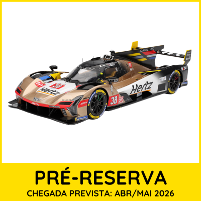 Modelo de carro de corrida Cadillac Hypercar #38 com cores dourado, branco e preto