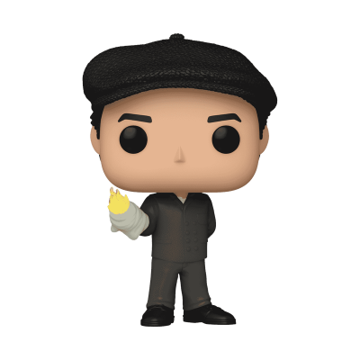 Figura Funko Pop de homem vestido com fato cinza e boné preto segurando vela amarela