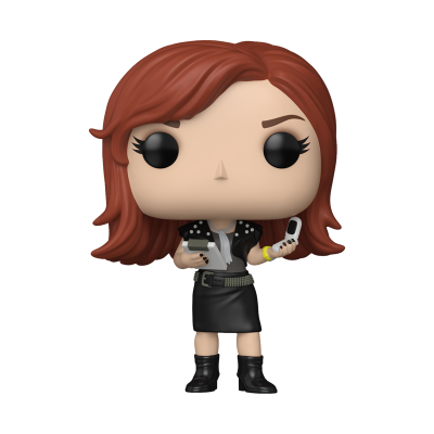 Figura Funko Pop mulher ruiva com casaco preto e saia segurando telemóvel e rádio