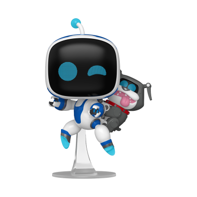 Figura de robô branco e azul com cão robótico cinzento numa base