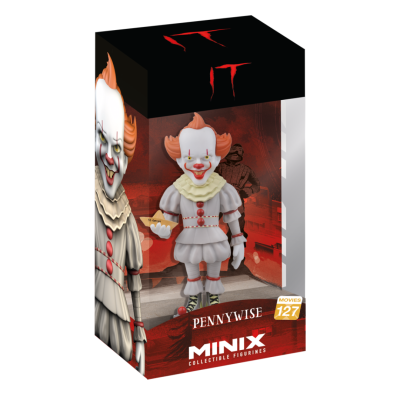 Figura colecionável Pennywise com roupa de palhaço e caixa preta e vermelha