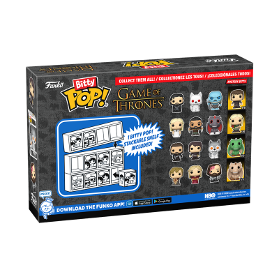 Embalagem preta do Bitty Pop! Game of Thrones com figuras colecionáveis e anúncio de estante empilhável incluída