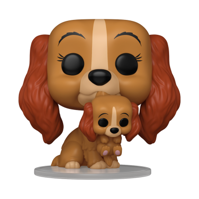 Figura Funko Pop de cão castanho com orelhas laranja segurando um cão menor da mesma cor numa base branca