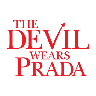 Texto THE DEVIL WEARS PRADA em vermelho com seta integrada na letra V