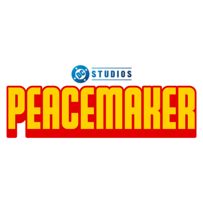 Logótipo com texto DC STUDIOS e PEACEMAKER em cores azul, amarelo e vermelho.