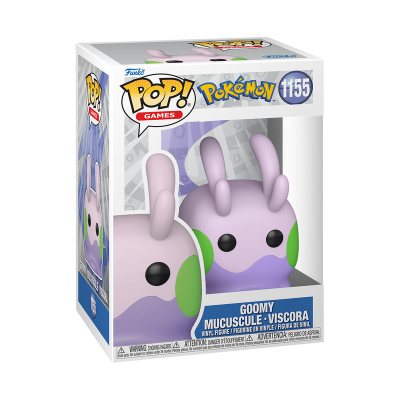 Figura Funko Pop! Goomy Pokémon nº 1155 em caixa com legenda e avisos