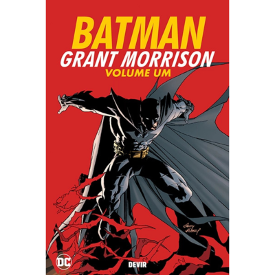 Capa de livro do Batman com fundo vermelho, morcegos vermelhos e título em amarelo e branco.