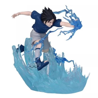 Figura de ação anime com energia azul e base translúcida