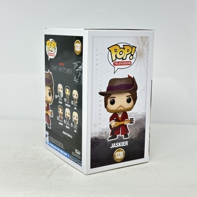 Caixa Funko Pop Jaskier da série The Witcher com figura do personagem a tocar alaúde.