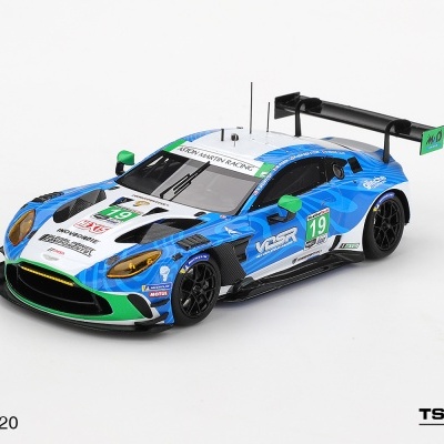 Miniatura de carro de corridas Aston Martin Racing azul, branco e verde com número 19