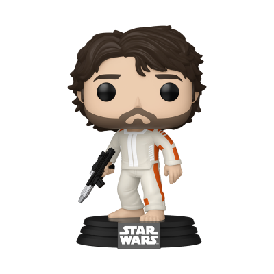 Funko Pop personagem Star Wars com fato branco e riscas laranja segurando arma.