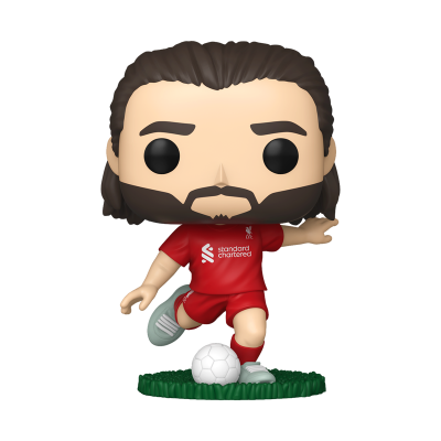 Figura Funko Pop de jogador de futebol com camisola vermelha e bola branca.