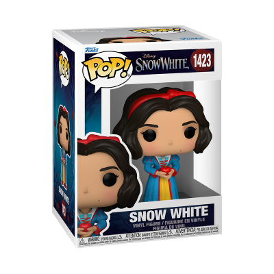 Figura de vinil Funko Pop! da Branca de Neve na embalagem com texto e cores azul, branco e preto.