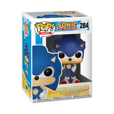 Funko Pop! Sonic com Esmeralda da série Sonic the Hedgehog na caixa