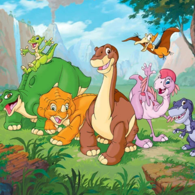 Desenho animado de vários dinossauros coloridos num ambiente natural