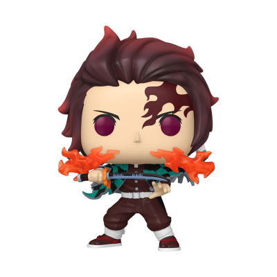 Funko Pop de personagem com espada flamejante e roupa marrom e verde