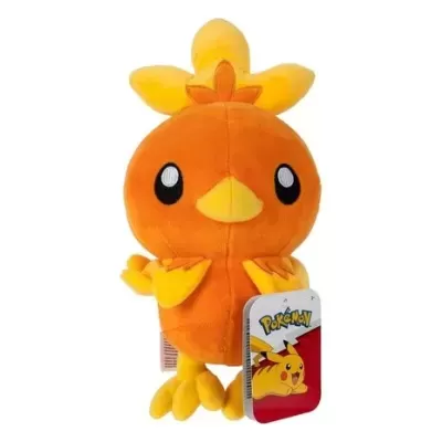 Pelúcia do Pokémon Torchic laranja e amarelo com etiqueta Pokémon
