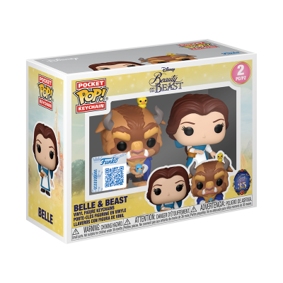 Chaveiros Pocket Pop Beauty and the Beast com figuras de Belle e Beast em vinil na caixa