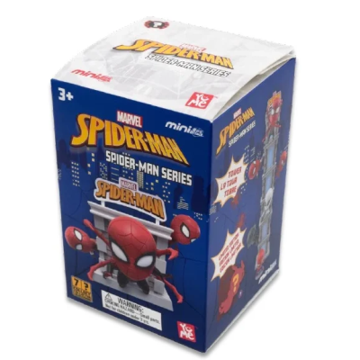 Caixa azul de brinquedo Spider-Man com texto e imagem do super-herói em estilo cartoon
