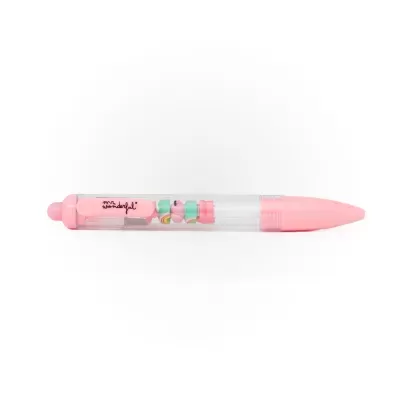 Caneta esferográfica decorada com contas coloridas e detalhes cor-de-rosa
