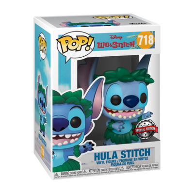 Figura Funko Pop! Hula Stitch em embalagem branca com texto e ilustrações coloridas